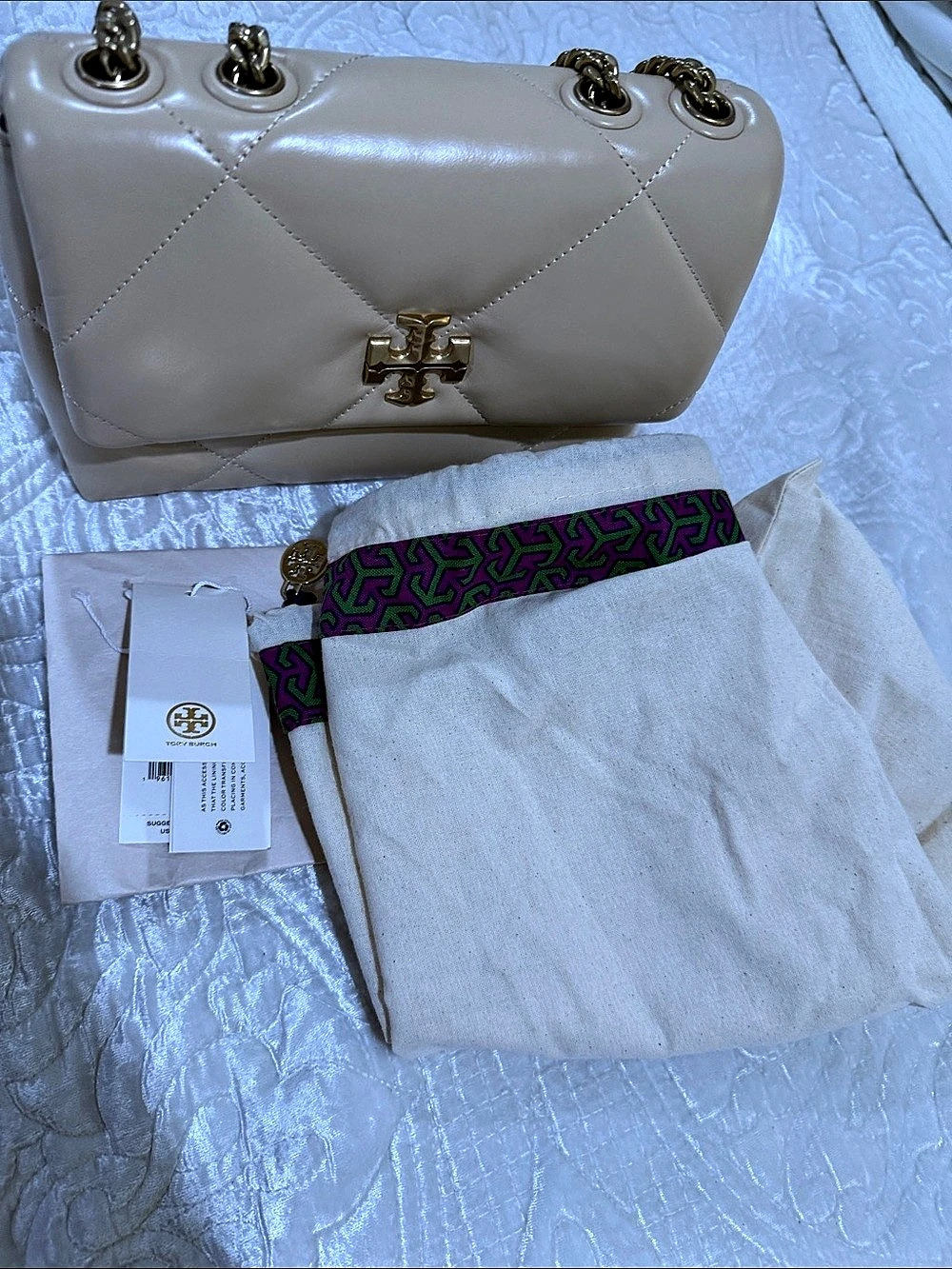 Tory Burch Kira Diamond Quilt Small Convertible Shoulder Bag Beige